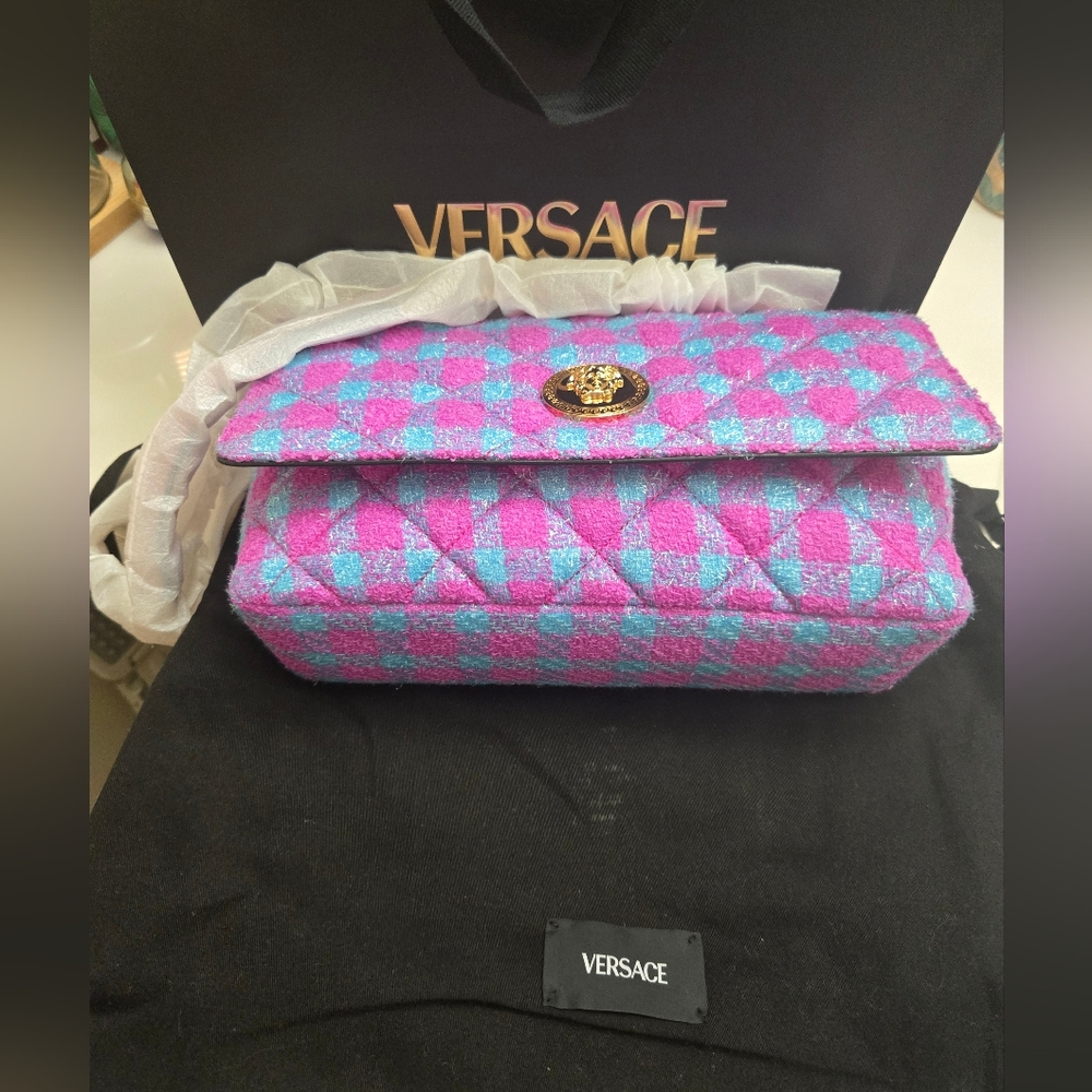 Versace Tweed Pink And Blue Two Way Bag NWT - Picture 10 of 13